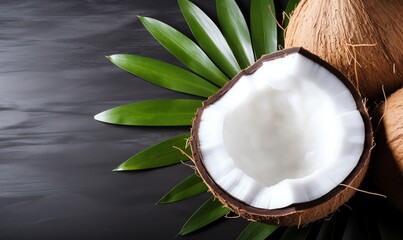 Coconut Half with Palm Leaves on Black Background