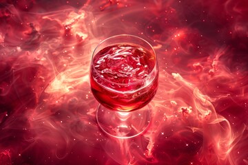 Red drink with ice cubes floating on a galaxy background