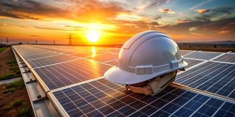 A hard hat rests on a row of sleek solar panels as the sun sets behind, symbolizing sustainable energy analysis and industrial innovation.