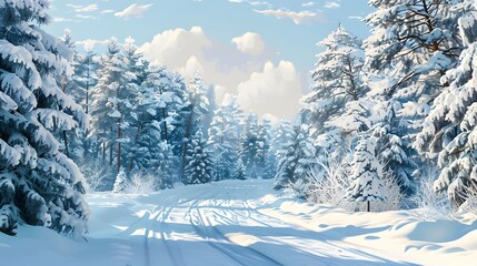Wall Mural - Winter landscape with road and snow-covered trees,