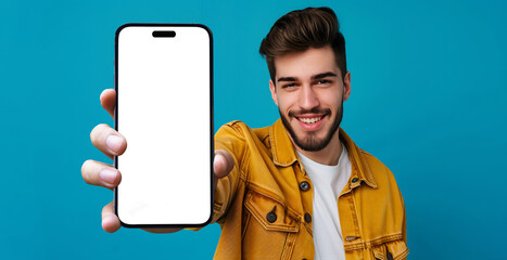 Close up of a smartphone being held by a happy man, transparent png - easy modification