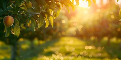 Wall Mural - Golden Hour Glow Peach Trees in a Fruit Farm. Concept Nature Photography, Sunlight Filtered Through Trees, Sunny Day Portraits, Orchard Scenery