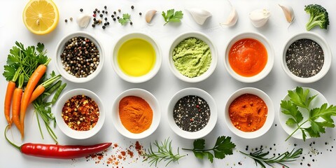 Wall Mural - Flat Lay of Healthy Cooking Ingredients on White Background Creative and Neat Display. Concept Flat Lay Photography, Healthy Ingredients, Neat Display, White Background, Creative Composition