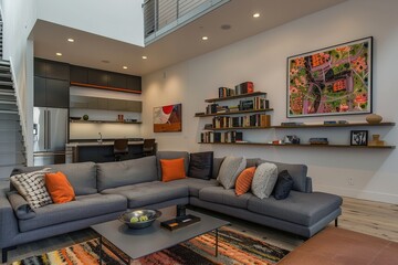 Sticker - Modern Living Room with Sectional Sofa and Abstract Artwork