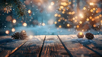 Wall Mural - Wooden table on the background winter christmas background. High quality photo