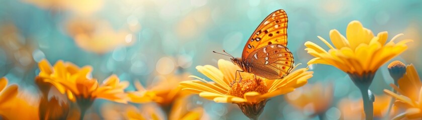 Aufkleber - Spring nature background featuring a beautiful butterfly on a yellow flower in a meadow, perfect for design concept banners