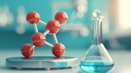 3D molecular structure model and blue liquid in a laboratory setting, representing scientific research and chemistry experimentation.