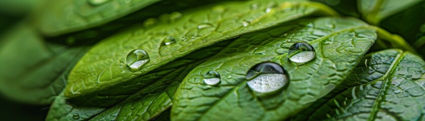 Aufkleber - Detailed macro photo of water drops on a green leaf, with a blurred background highlighting the natural green tones