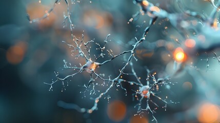 A close up of a brain with many neurons and a bright orange spot. Concept of complexity and wonder, as the brain is a mysterious and intricate organ. Science concept