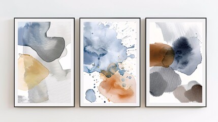Aufkleber - A set of three abstract art posters with watercolor splashes designs, positioned side by side on a white wall. Each poster features abstract forms created by watercolor splashes in neutral and bold