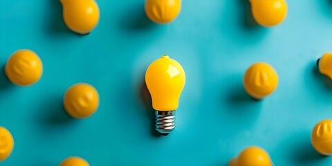 Wall Mural - the bright idea yellow light bulb stands out in blue background symbolizing creativity and innovatio