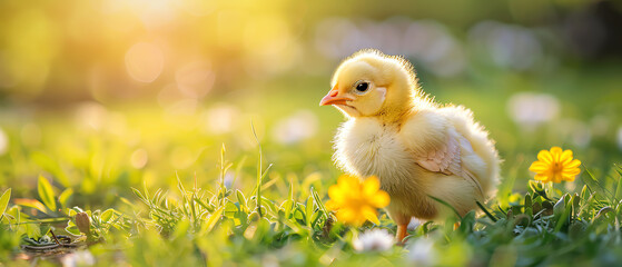 Cute baby chicken standing in green grass field with yellow flowers