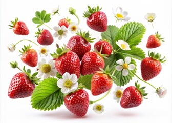 Vibrant fresh sweet strawberry berries with delicate flower and leaves appear to be flying or falling, isolated on a clean white background, evoking a sense of summer garden delight.