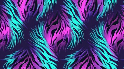 Wall Mural - A flat style illustration featuring a pattern of neon purple and teal tiger stripes on a dark background