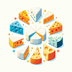 Wall Mural - Attractive vector illustration of a collection of different pieces of cheese on a white background