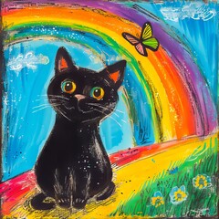 Wall Mural - A painting of a black cat sitting in front of rainbow.