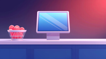 modern retail checkout counter with a computer monitor and a basket of apples, clean and vibrant sto