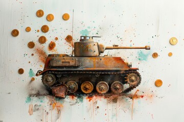 Artistic depiction of a rusty military tank with graffiti and coins against a white background, symbolizing conflict and economics.