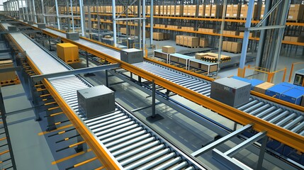 Poster - Automated Warehouse with Conveyor Belts and Packages in a Modern Distribution Center