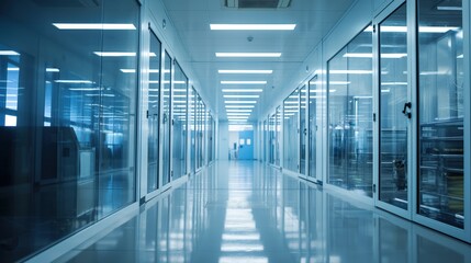 Poster - modern high-tech laboratory corridor with glass walls and bright lighting
