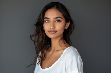 Wall Mural - A beautiful woman in white shirt posing against a gray background.