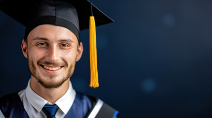 Smiling graduate in cap and gown against a blue background, celebrating academic achievement and success.