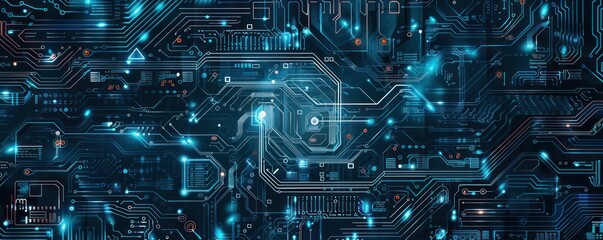 Poster - Abstract Circuit Board with Glowing Blue Lines and Digital Data. Concept of Technology, Innovation, and the Future