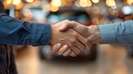 Wall Mural - Hand of Salesman or Cheerful car dealer handshake with customer in modern car showroom,