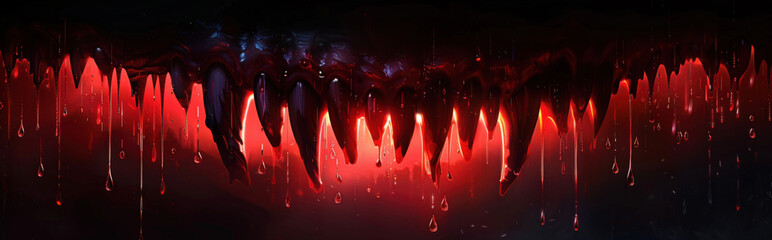 Wall Mural - minimalist background featuring abstract vampire fangs with drops of blood in red, using clean lines and a dark background to capture the spooky essence of Halloween