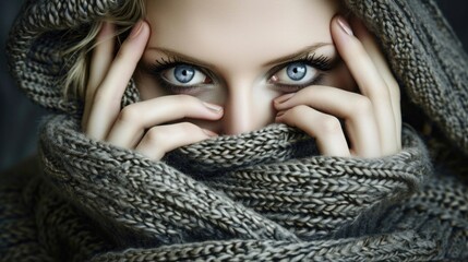 Wall Mural - A woman with blue eyes is wearing a gray scarf and is looking at the camera. The scarf is wrapped around her neck and covers her face, giving her a mysterious and intriguing appearance