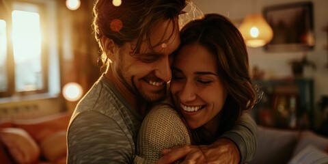 Poster - A man and woman are hugging each other in a living room. The man is smiling and the woman is also smiling. Scene is happy and loving