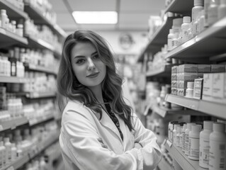 A woman in a white lab coat stands in a pharmacy aisle. She is smiling and looking at the camera