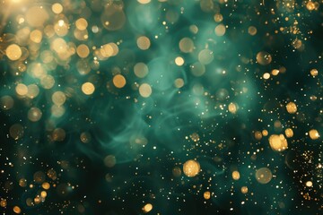 Wall Mural - A green background with a lot of sparkles and smoke. The smoke is coming from a fire and the sparkles are coming from a light source. Scene is mysterious and ethereal