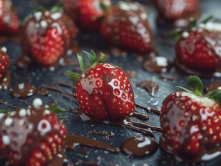 Canvas Print - A close up of a chocolate covered strawberry. The strawberries are arranged in a row on a black surface