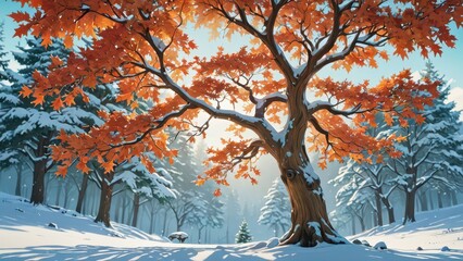 Poster - Winter Forest with a Single Maple Tree.