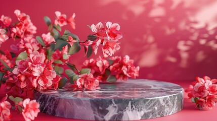 Wall Mural - A beautiful arrangement of red flowers is displayed on a marble pedestal. The flowers are arranged in a way that creates a sense of depth and dimension