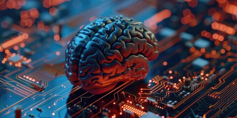 Wall Mural - A brain is sitting on a computer chip. The brain is surrounded by a red and blue background