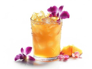 Wall Mural - A glass of a drink with a flower garnish on top. The drink is yellow and has ice in it
