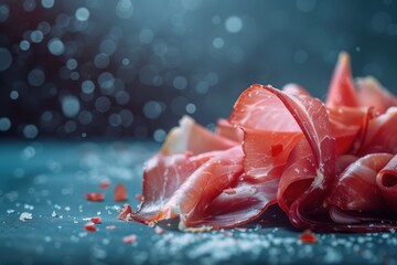 Poster - A pile of ham is on a table with salt and pepper shakers. The ham is sliced and he is ready to be eaten