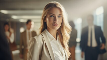 Wall Mural - A woman in a business suit stands in a hallway with other people. She is the center of attention and she is confident and professional