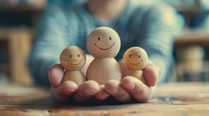 A person is holding three wooden figurines, each with a smile on their face. Concept of warmth and happiness, as if the person is offering a friendly greeting or a symbol of good wishes