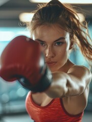 Poster - A woman in a red top and red boxing glove is in the middle of a punch. Concept of strength and determination