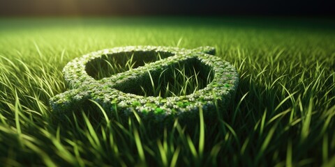 Sticker - A green symbol with a cross through it is on a green field. The symbol is surrounded by grass and he is a representation of a zero. Concept of nature and simplicity, with the grass