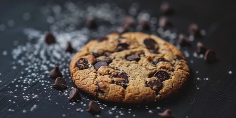 Poster - A chocolate chip cookie with a sprinkle of salt on top. The cookie is sitting on a black surface