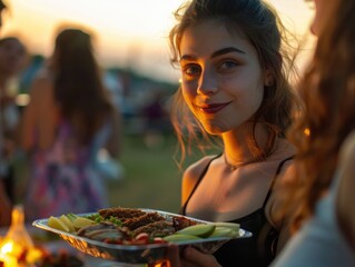 Wall Mural - A woman is holding a tray of food and smiling. The scene is set outdoors, with a group of people gathered around her. The atmosphere is casual and friendly, as everyone seems to be enjoying the food