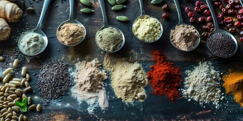 Poster - A variety of spices are laid out on a table. The spices include cinnamon, cumin, and paprika