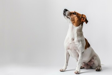 Wall Mural - A brown and white dog is sitting on a white surface. The dog is looking up at something in the distance