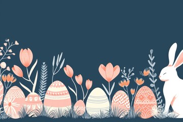 Wall Mural - A blue background with a rabbit and a bunch of eggs. The eggs are in various sizes and colors, and the rabbit is sitting in the grass. Scene is cheerful and playful, with the rabbit