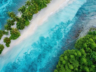 Poster - A beautiful blue ocean with palm trees in the background. The ocean is calm and peaceful, and the palm trees add a tropical touch to the scene