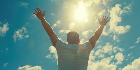 Poster - A man is standing in the sky with his hands raised, looking up at the sun. Concept of hope and positivity, as the man is reaching for the sun, which is often associated with warmth and light